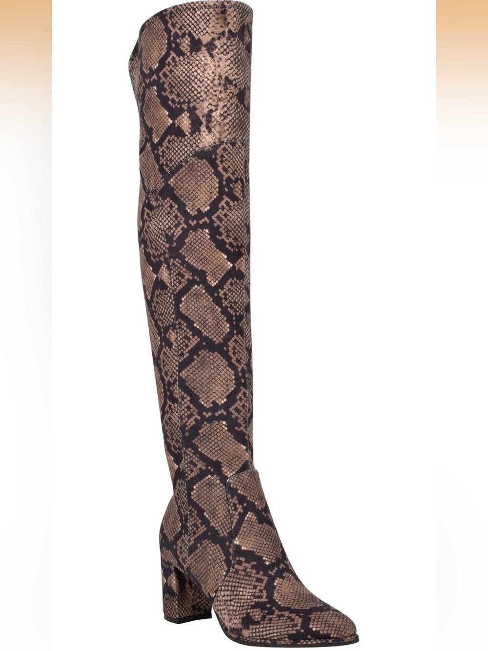 Marc Fisher Brown and Black Snake-Print Knew High Block Heel Boots